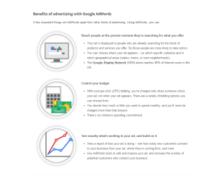 List of Benefits of advertising on Google Ads ( Adwords) with 3 icons