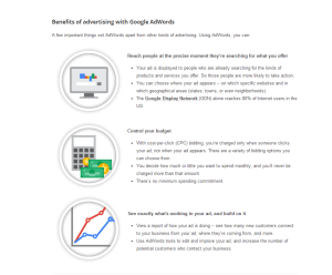 List of Benefits of advertising on Google Ads ( Adwords) with 3 icons 