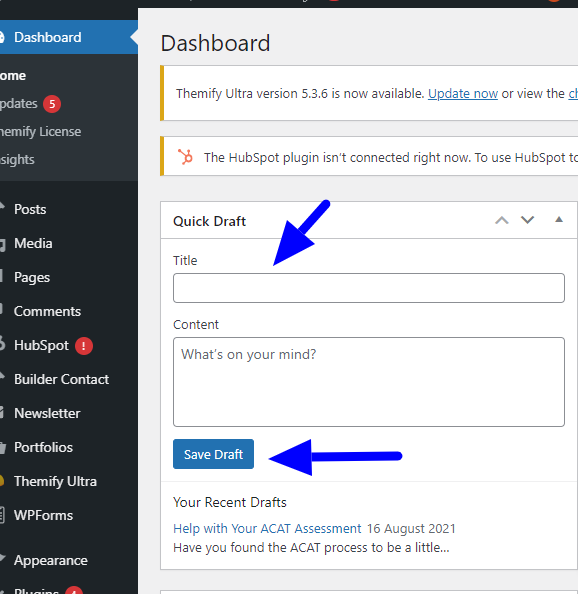 Quick Draft Box in a WordPress Dashboard