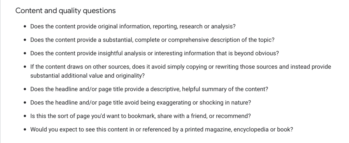Google Content and Quality Questions and Guidelines Bullet Points