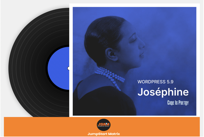 Wordpress Josephine 5.9 update featured image with Josephine Baker and JSM Logo