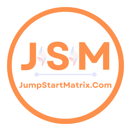 Jumpstart Matrix. Com Online Marketers White and Orange Circular Logo