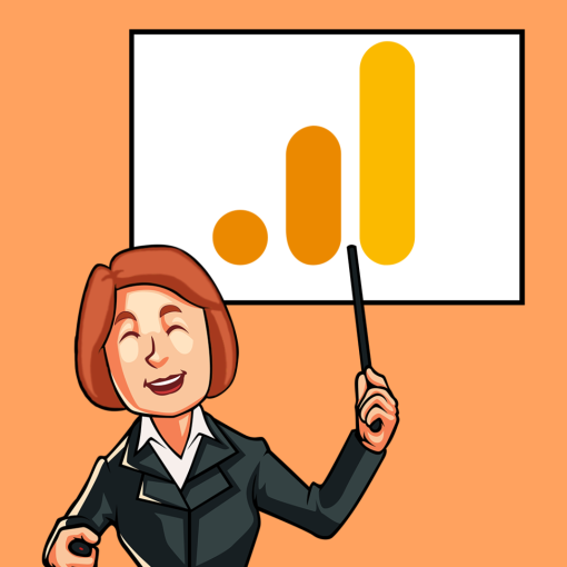Google Analytics Service Thumbnail with Red Haired Business Woman at Whiteboard talking about Analytics