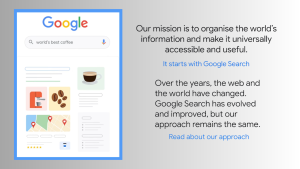 The Google Search Portal Page(s) image with their wording on their Mission and Approach