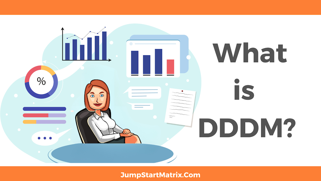 What is DDDM Data Driven Decision Making Article Featured Image with Business woman at desk surrounded by Data