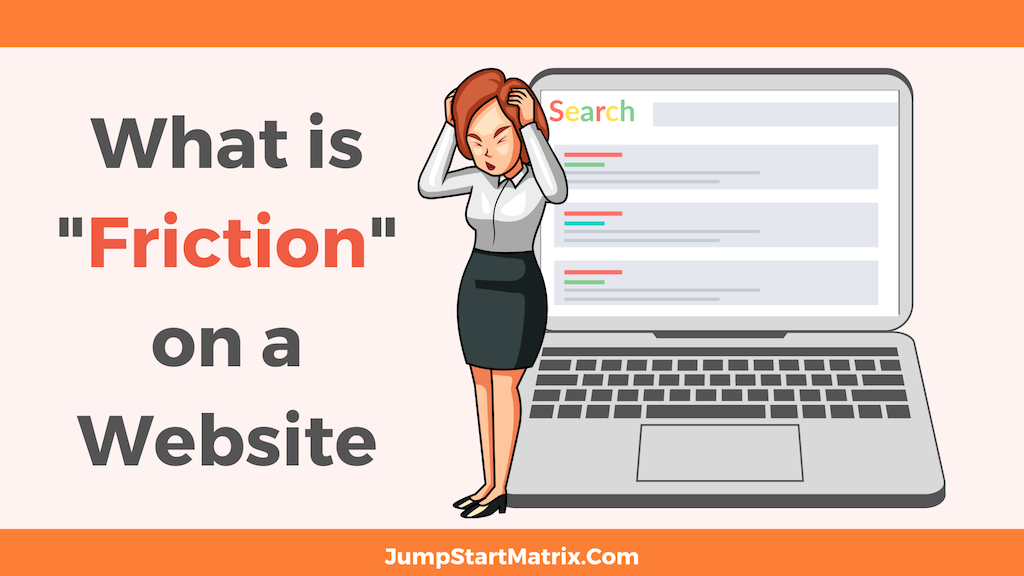 What is Friction on a Website Article Featured Image with frustrated business woman in front of laptop