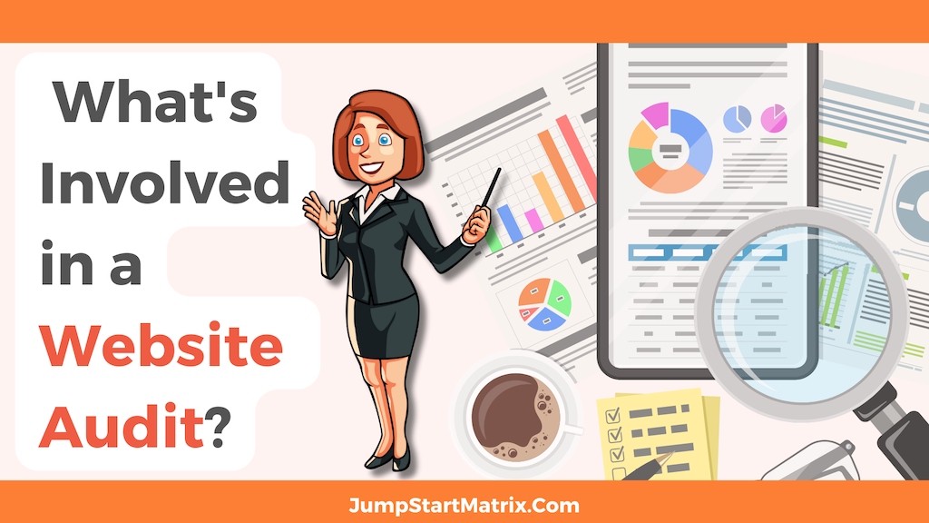 What is Involved in a Website Audit article Featured Image with Business woman talking in front of data sets and documents