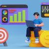 Cartoon illustration of a guy looking at Google's GA4 Analytics data for businesses