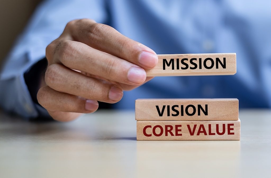Defining your Marketing Goals Get Focused & Get Found eBook Chapter 4 Define your World with male hands holding up blocks saying mission, vision and core value