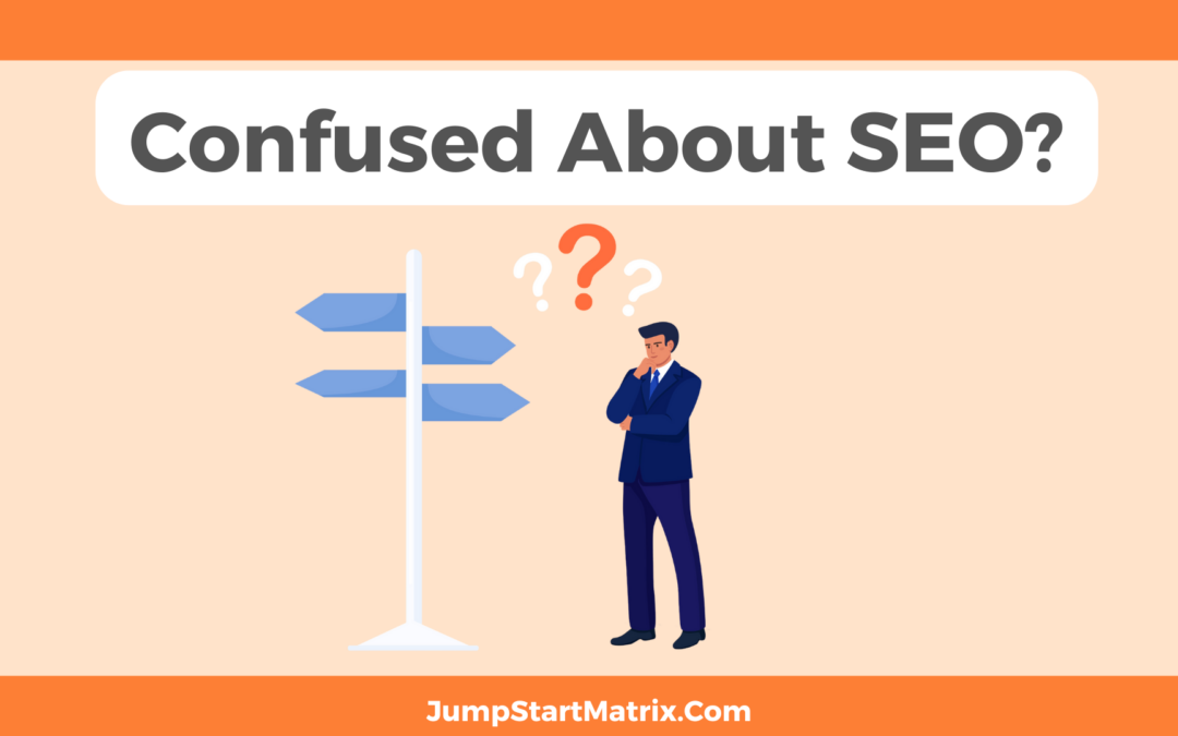 Google Updates leave business people confused about best practice SEO. Here a man in a business suit stands wondering at a blank signpost