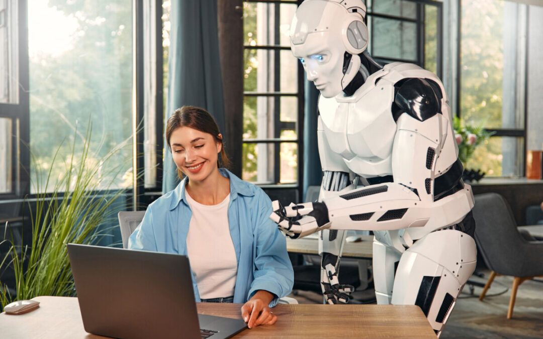 The Evolution of AI and content creation, with a young woman seated at a desk & laptiop and a 'Star Wars' type Robot bending over to offer help