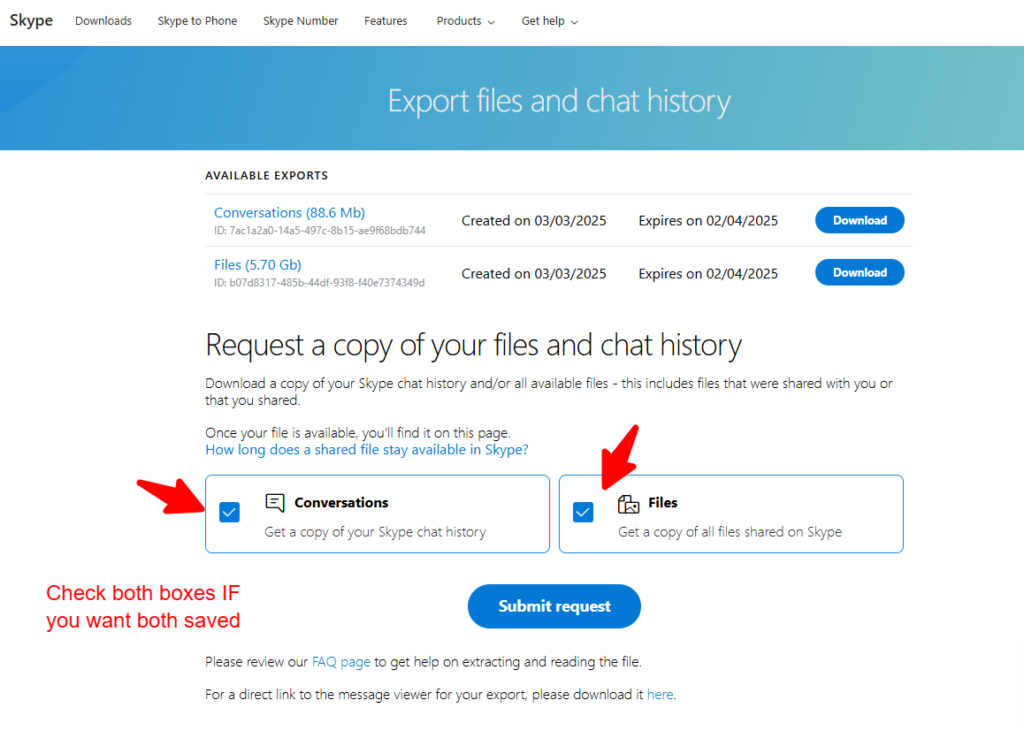 Screenshot of Skype Instructions to Export Your files and Chat history before Skype closes down in May 2025