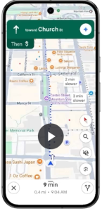 Mobile phone screenshot of Gemini in Google Maps for Walking & cycling assistance ( this image is from a Google Maps Jan 29th,2026 Blog article)