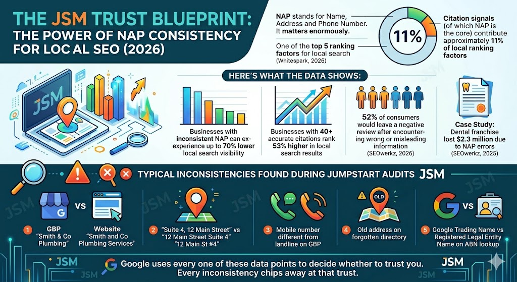 Infographic with data on the importance of NAP (name, address and phone number) for local SEO 