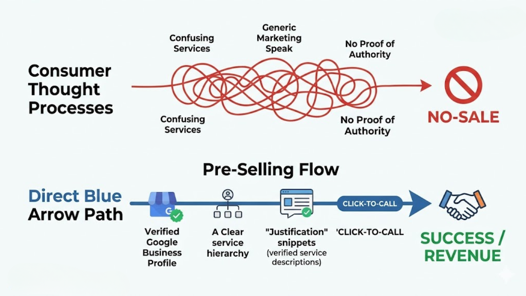 Consumer thought patterns and a successful 'pre-selling flow' path to capture more local business