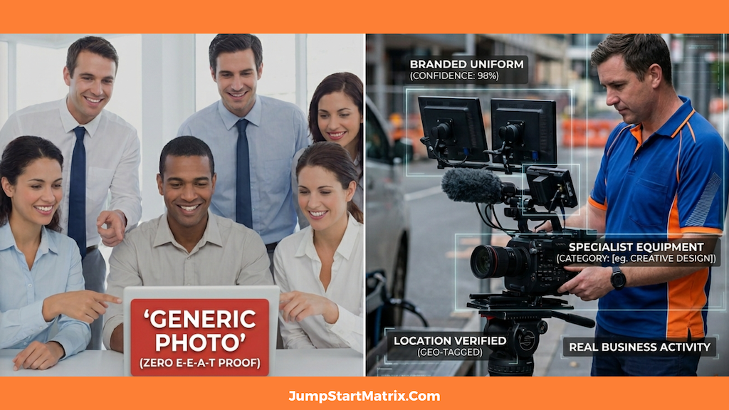 Image showing the difference between a Generic Stock Photo and an 'Visual Proof' of a local business using a photo of their team and branding on the job.