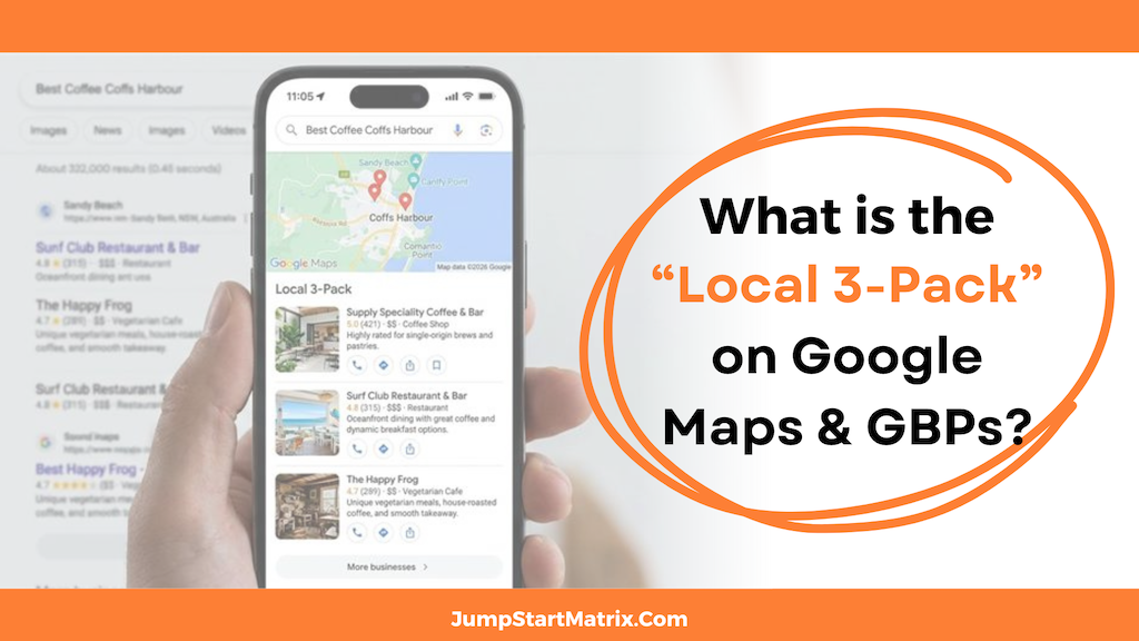 Mobile phone with Google Maps with top listings for local coffee displayed on the screen, words reading "What is the Local 3-Pack on Google Maps and GBPs?"